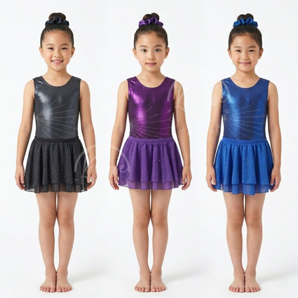 Set Baju Senam Anak Perempuan  / Leotard Gymnastics Ballet Gliter + Rok & Scrunchie