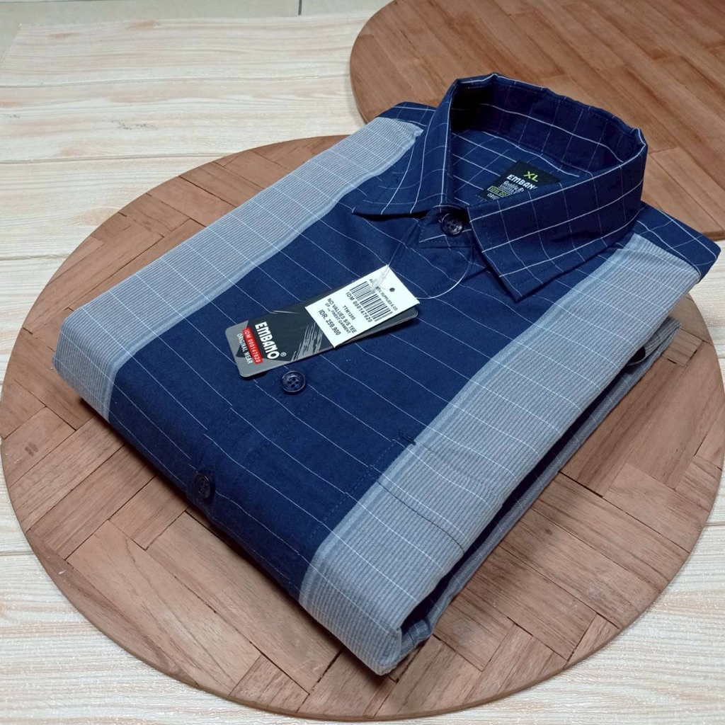 kemeja katun pria lengan pendek motif salur kemeja kerja pria Hem pria lengan pendek casual