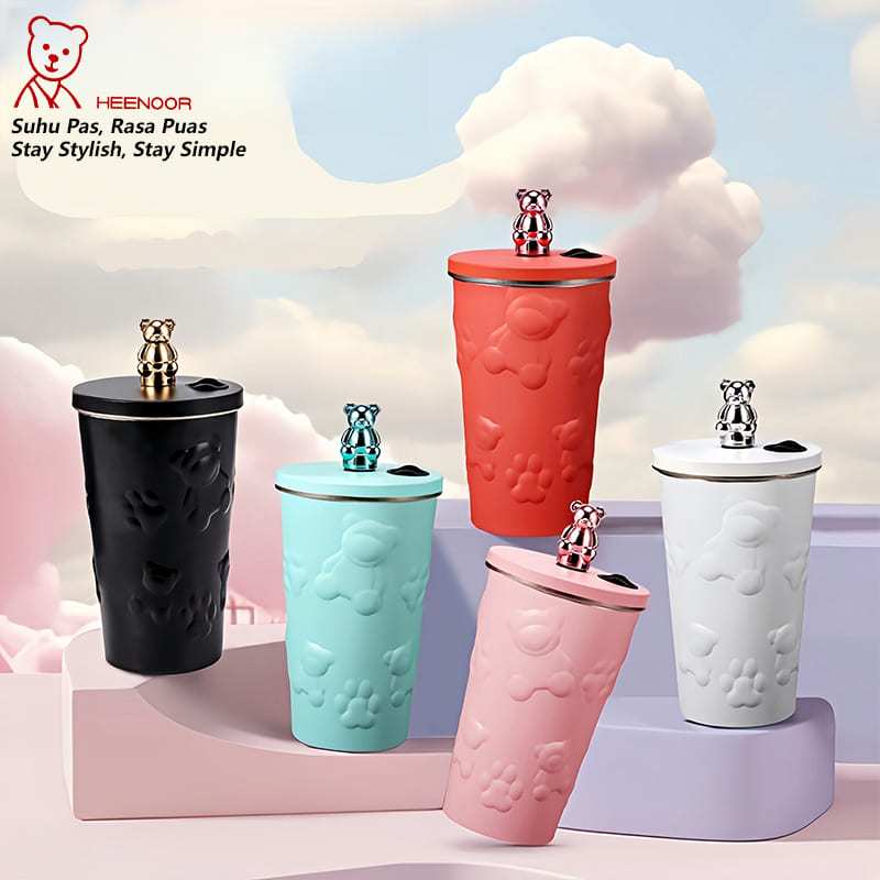 Heenoor Botol Termos Tumbler Geometris Gradasi & Bear Kopi-Teh Vacuum Insulated+Straw SUS 304 | 600M