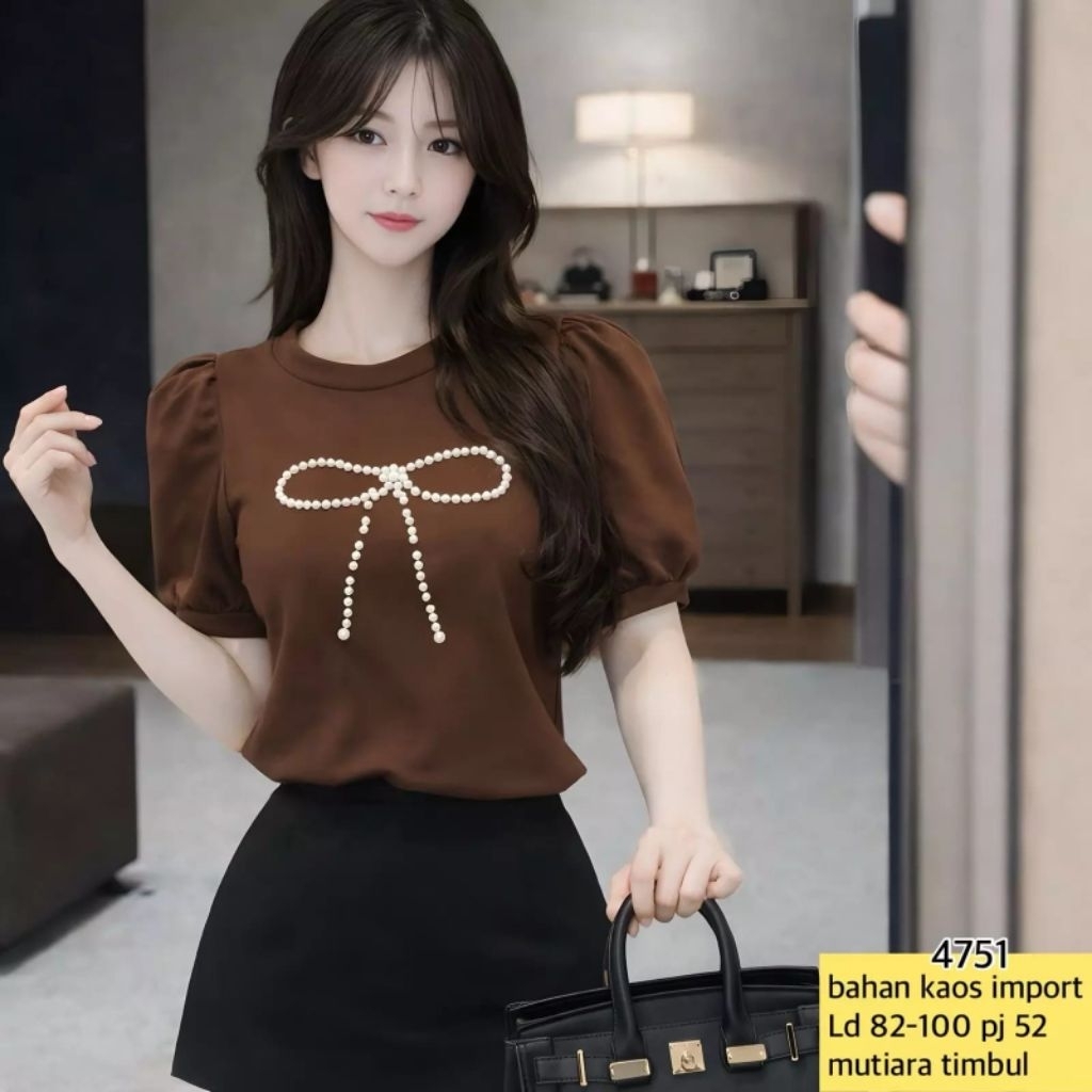4751 Kaos Wanita Import Atasan Lengan Balon Puff Sleeve Detail Pita Mutiara Timbul Mewah Elegant