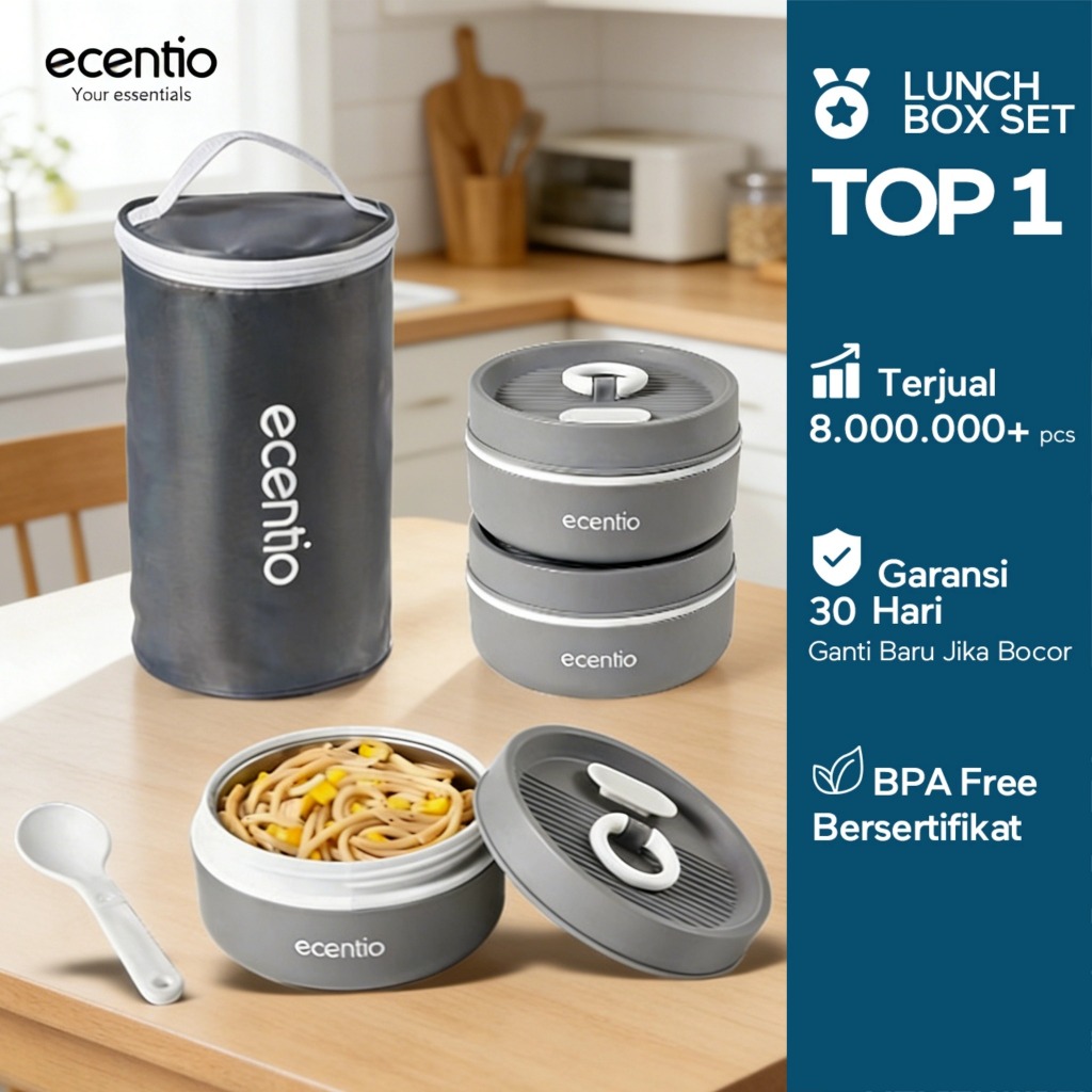 ecentio lunch box tas set 3pcs Kotak Makan anti tumpah 304 Stainless Steel tas bekal
