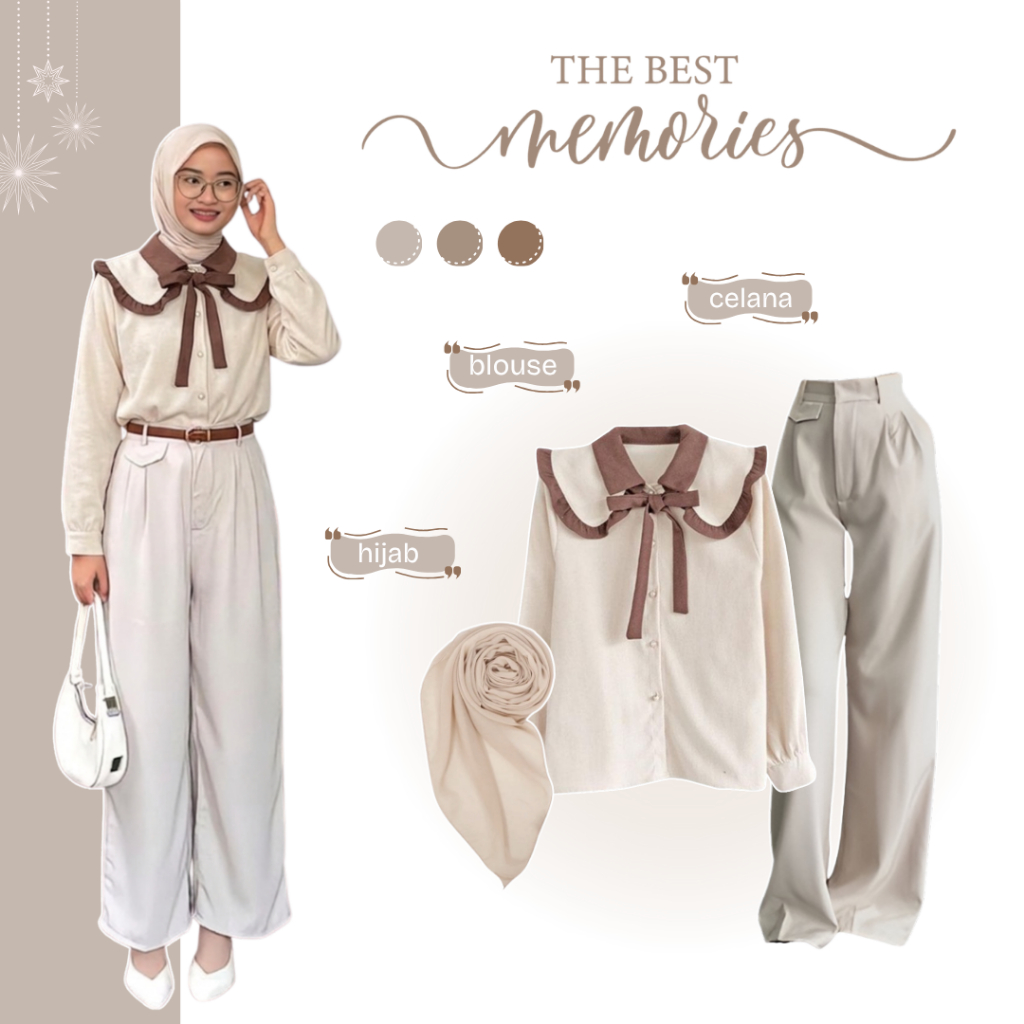 Satu Set Outfit Cewek | Blouse + Celana Ivory + Hijab Bella | One Set Wanita Terkini - EO53N