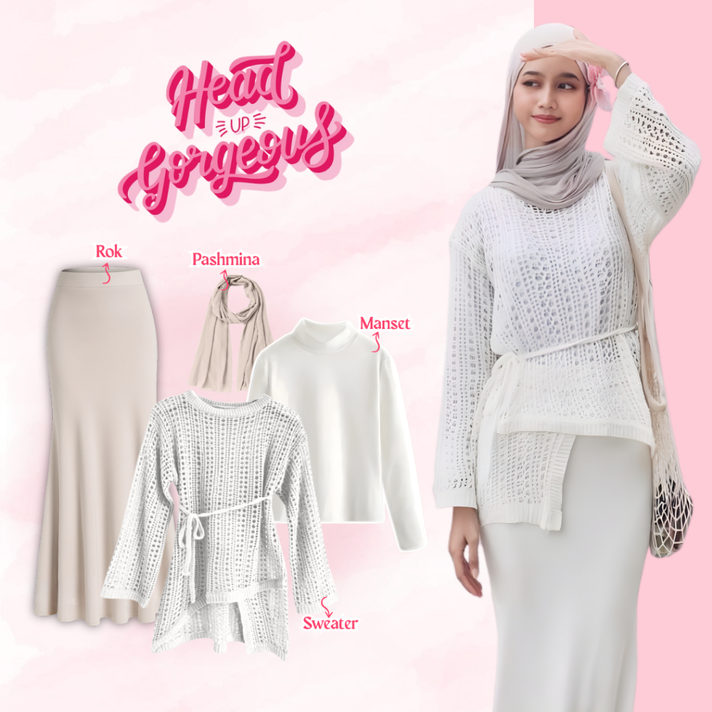 One Set Hijab Stylish 4in1 / Setelan wanita Kekinian / Outfit Pantai / Sweater Rajut Premium + Rok D