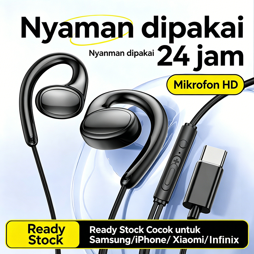 Headset Kabel Type C Gaming Hitam 0 Delay Super Bass Nendang Mic Jernih Earphone Open Ear Braided Ku