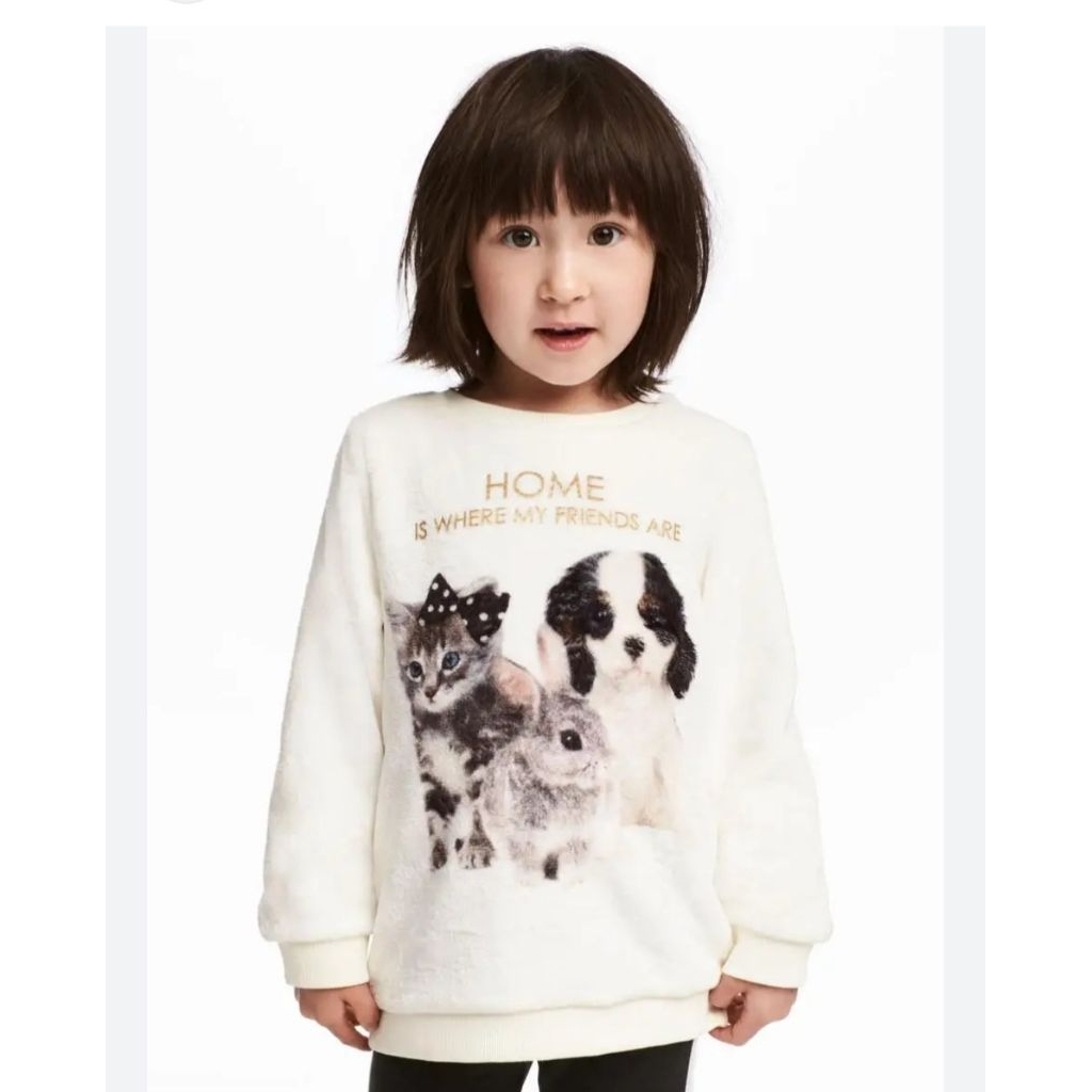 HNM NATURAL WHITE / ANIMAL FLEECE TOP / H&M SWEATER BULU PUTIH MOTIF ANJING KUCING KELINCI / SWEATER