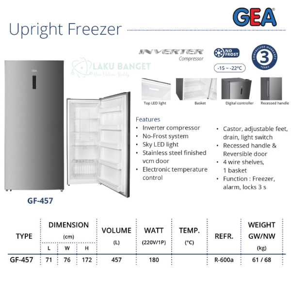 Upright Freezer No Frost GEA GF-457 / Kulkas Pembeku Tanpa Bunga Es Gea GF 457 / Freezer Standing GE