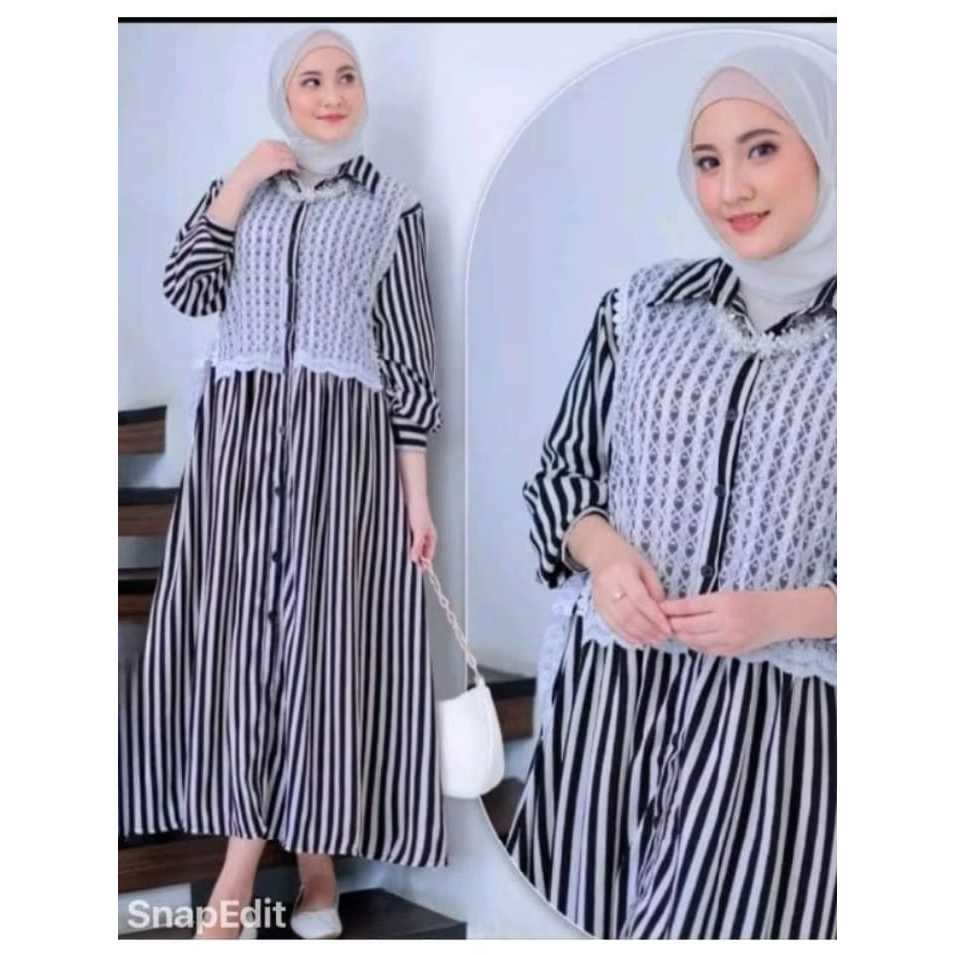 Midi Dress Salur Mix Brukat | Dress Korean Style | Gamis Lebaran 2025 Terbaru