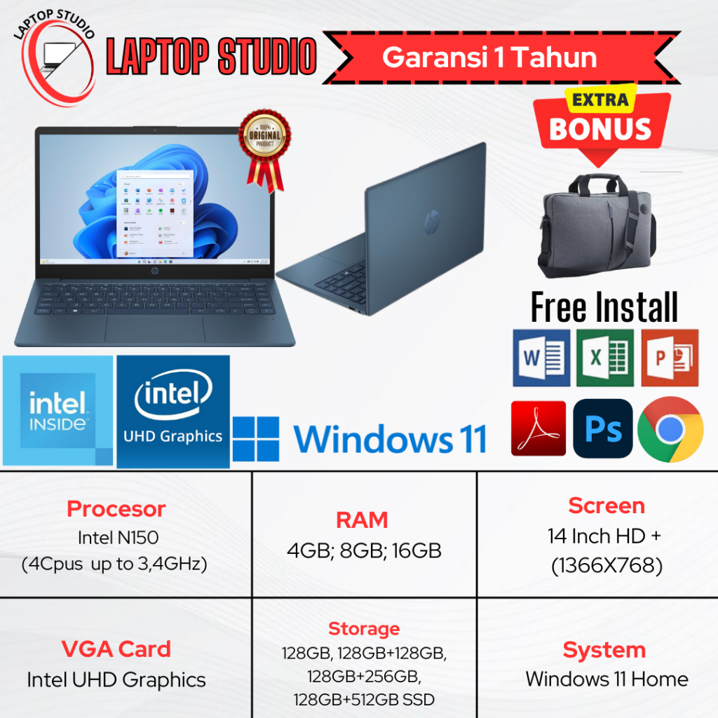 Laptop Baru HP 14 Intel N150 (4cpus, up to 3.4GHz) SSD