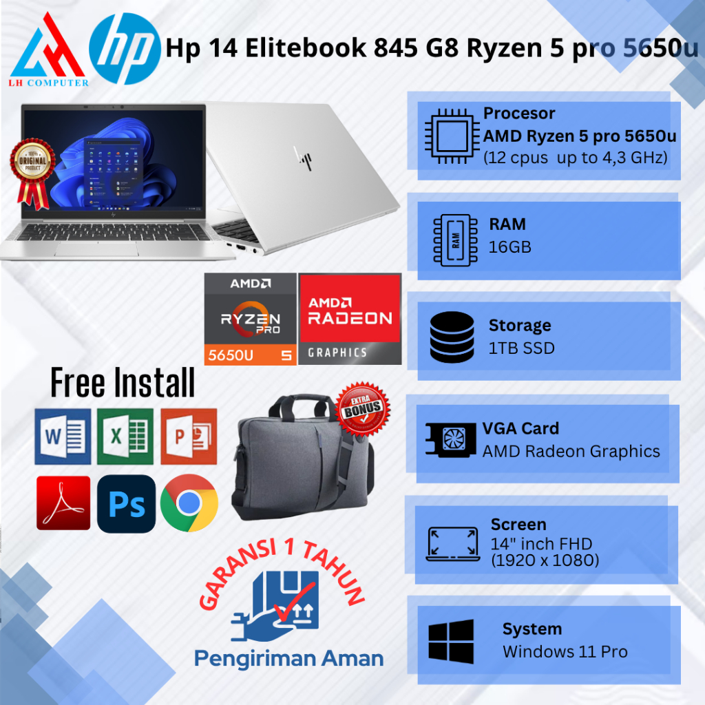 Laptop Baru Hp Elitebook 845 G8 AMD Ryzen 5 pro 5650u Upto 4,2Ghz