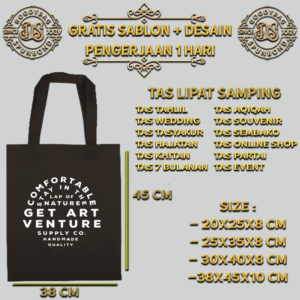 38x45x10cm / tas sablon / tas custom / tas spunbond / tas press / tas totebag / tas godiebag / tas d