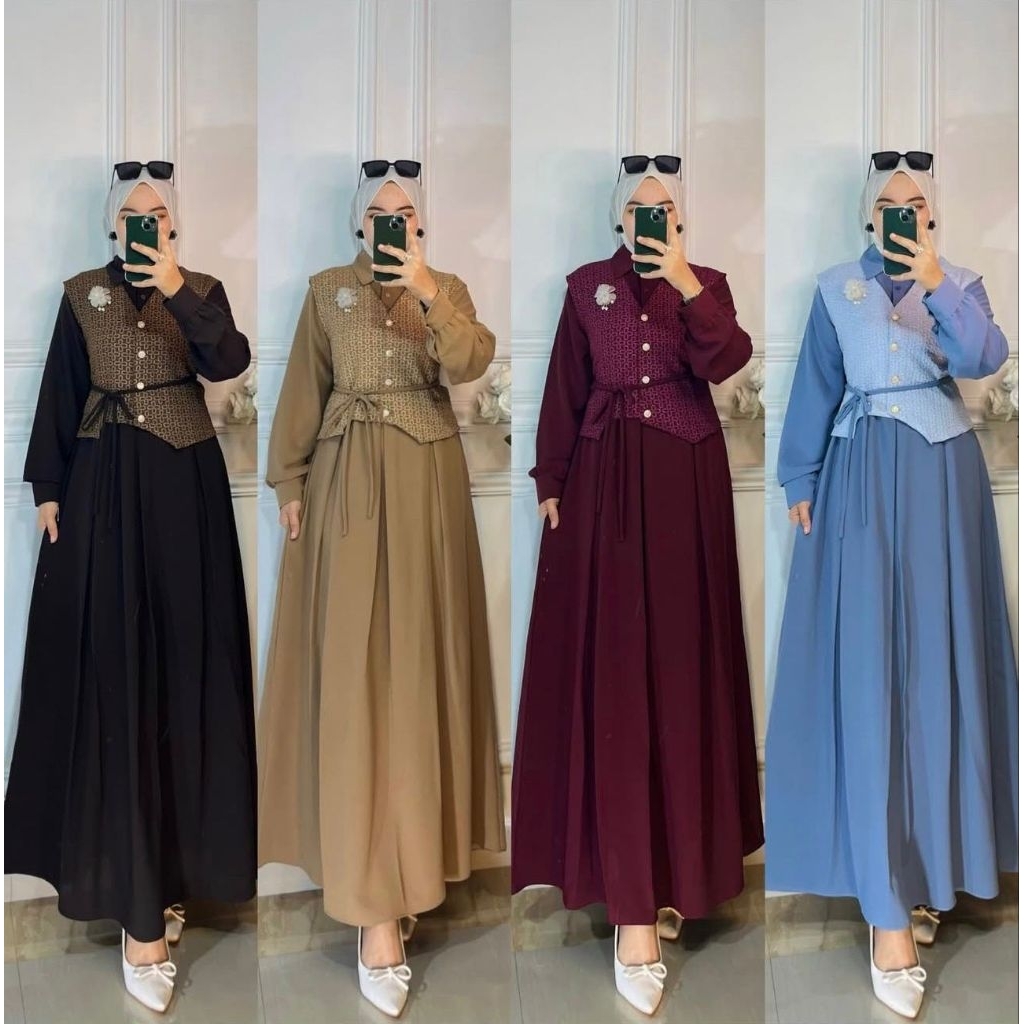Liza Gamis 2in1 Sabrina Inner set Rompi Outer Embos Premium Anti UV Simple Elegan Formal Non Formal 