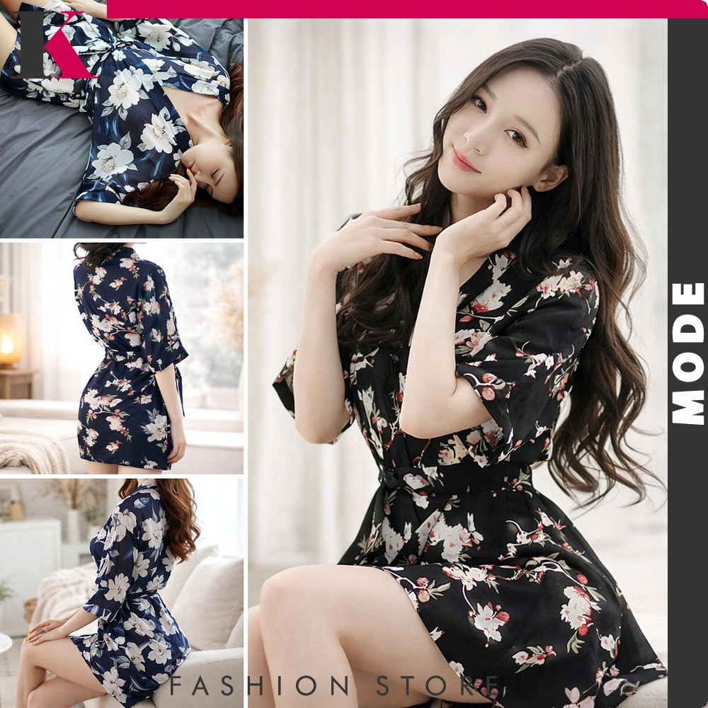 Baju Tidur Wanita Model Kimono Transparant Sexy With G String Motif Bunga / Floral Kimono Lingerie S