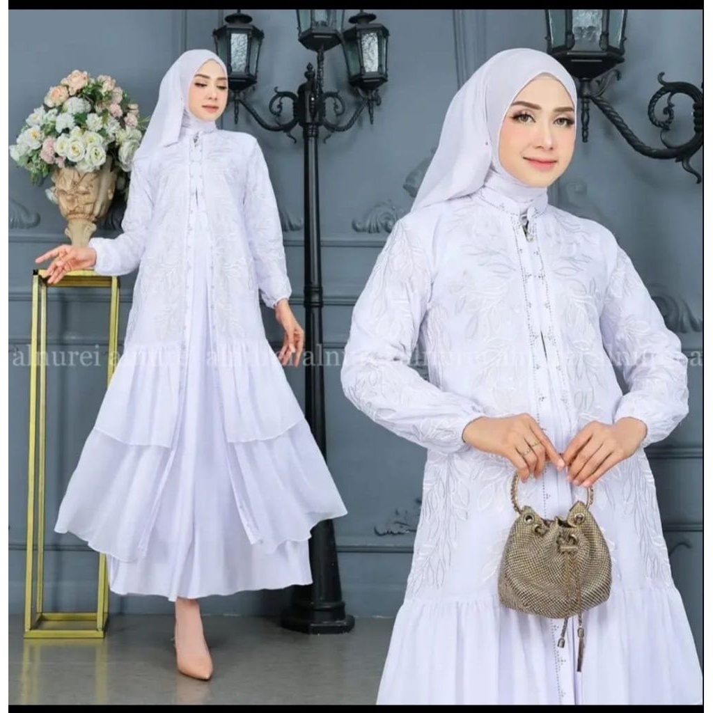 Gamis Abaya Motif Daun Full Putih Jersey Premium