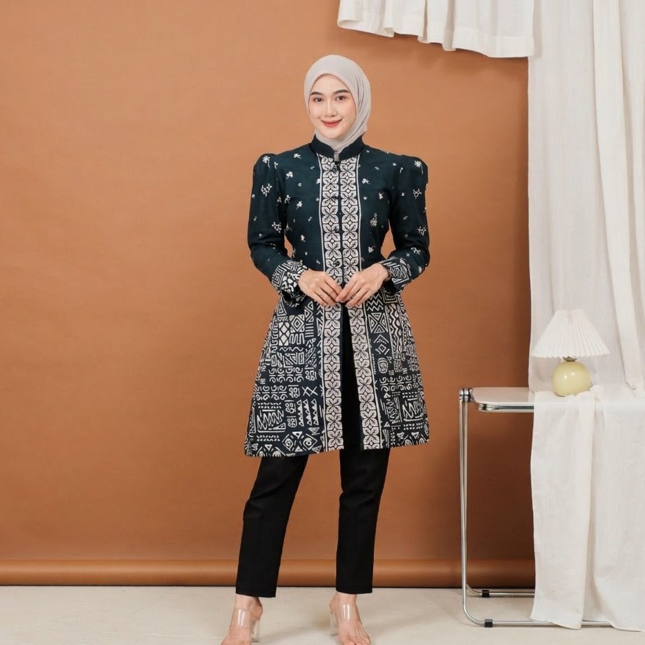 Atasan Batik Wanita Kekinian Tunik Kancing Depan Lengan Puffy Tunik Maheswari - Batik Keenan