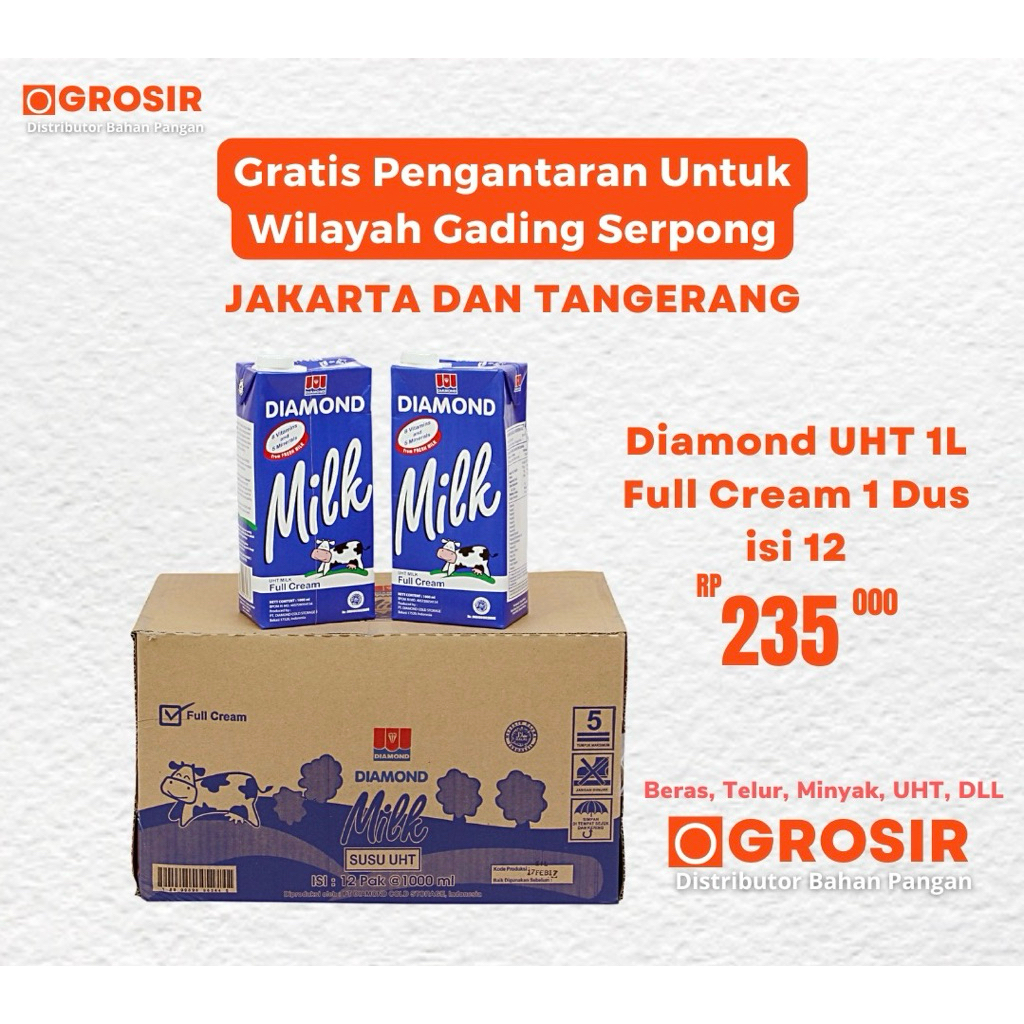 Susu Diamond UHT 1 Liter Full Cream Karton isi 12 PCS Dus