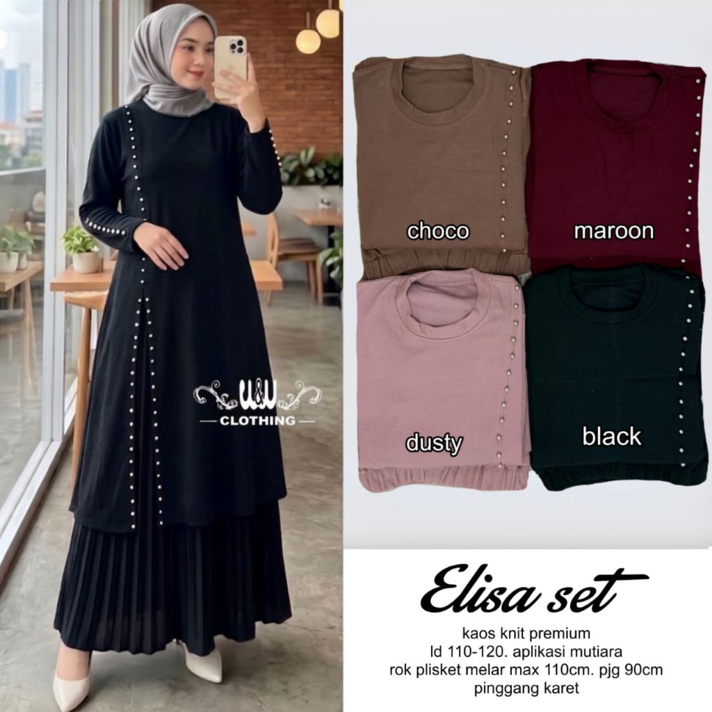 Setelan Wanita Baju Tunik Dan Rok Plisket Elisa Set Kaos Knit Premium Aplikasi Mutiara Ld 110-120cm 