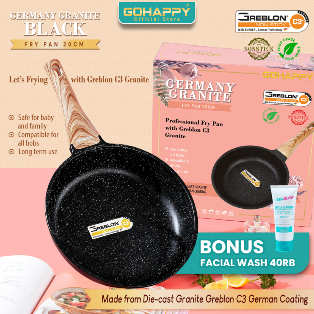 (FW 40RB GRATIS) GOHAPPY PANCI FRY PAN 20CM Greblon C3 Germany granite TEBAL wajan frypan tahan lama