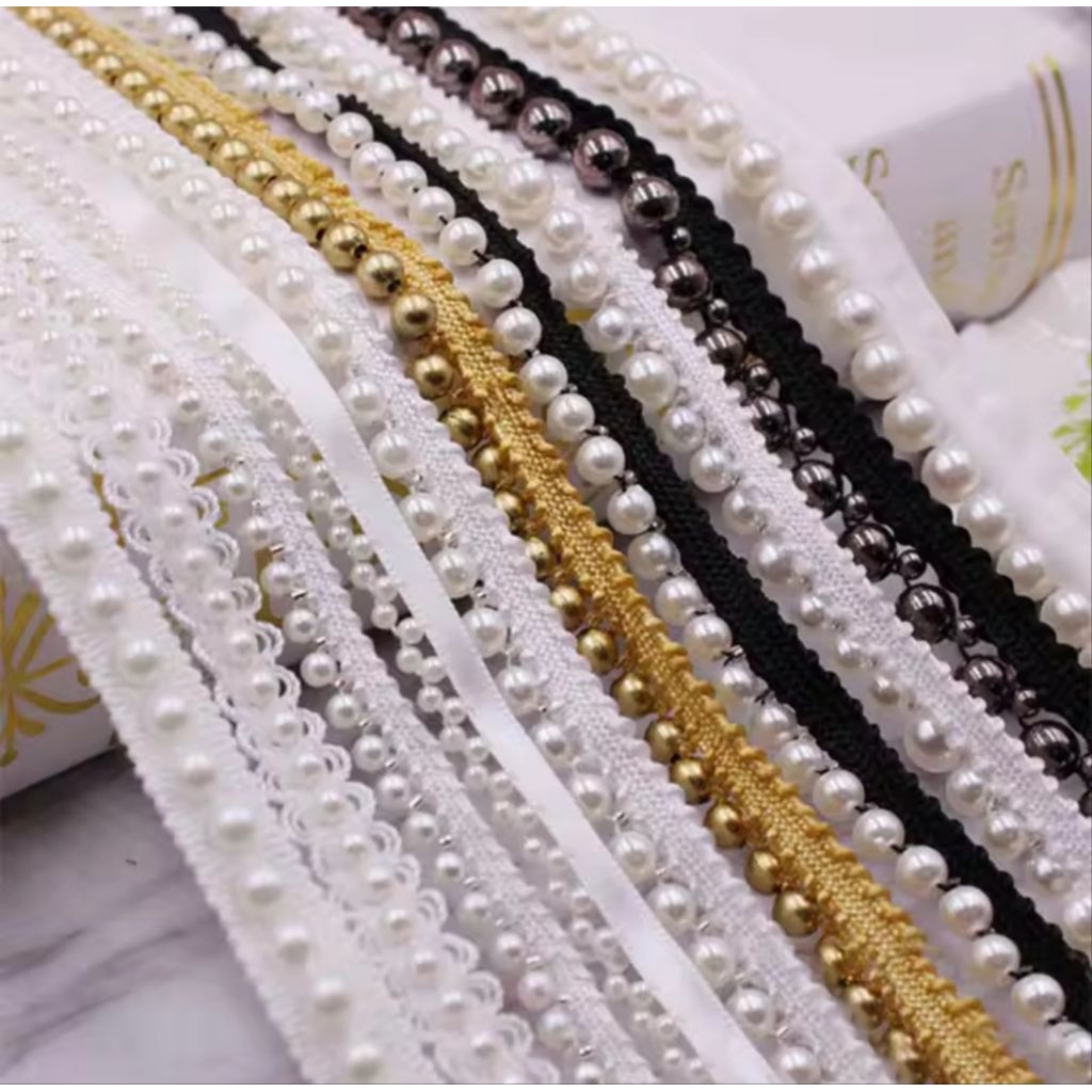 1 Yard Renda Tile Mutiara Manik-Manik Buatan Tangan