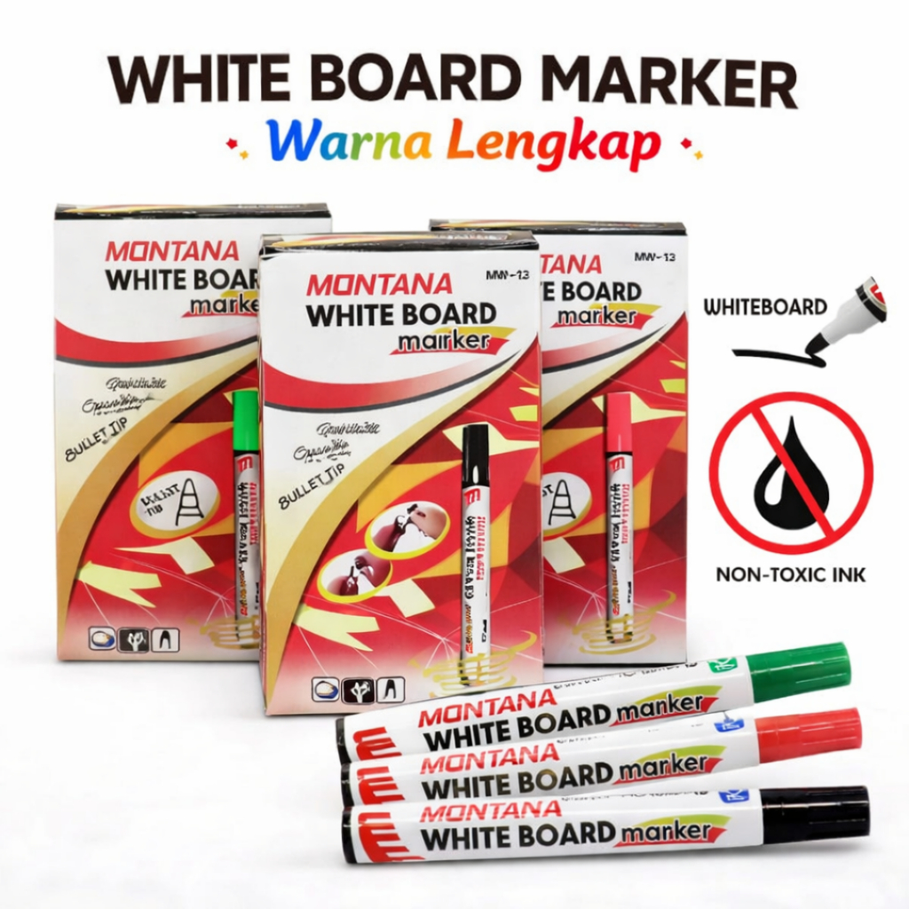 Spidol Whiteboard Montana – Board Marker Tinta Non Toxic Warna Lengkap (Hitam/Merah/Biru) PER PCS