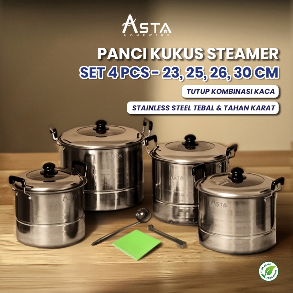 Panci Kukusan - Stainless Steel - Dandang Kukus Tebal - Tutup Kaca - Set 4 pcs | Asta Homeware