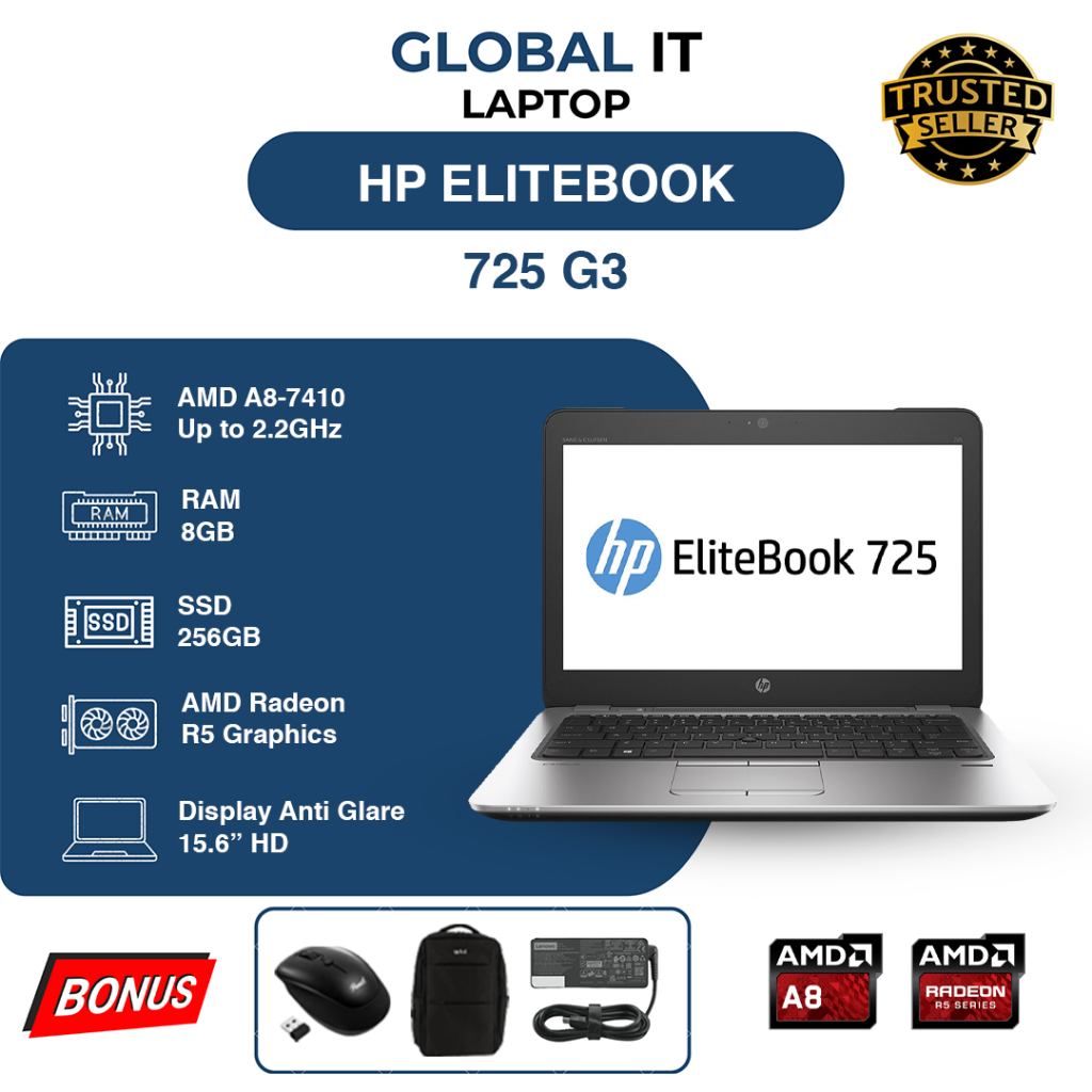 HP EliteBook 725 G3 RAM 8/256GB SSD 12,5" HD - Laptop Second Murah Bergaransi