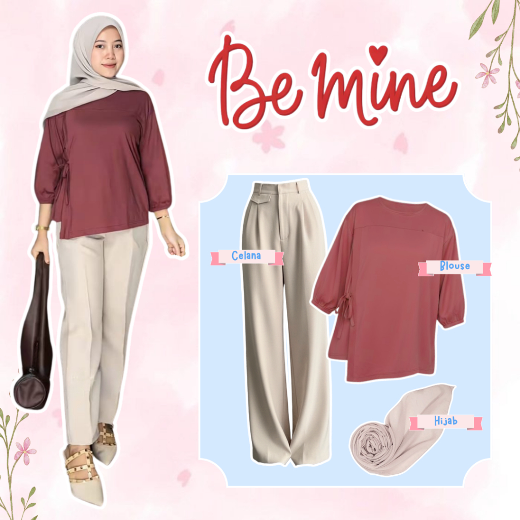 Set Outfit Wanita 3in1 Blouse Mia Top Katun Combed 30s + Celana Semiwool + Hijab Polycotton / Setela