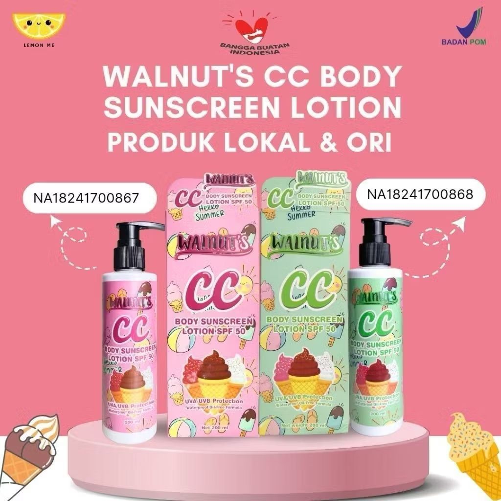 WALNUT  CC Body Lotion Suncreen SPF50+++ Tone UpBUATAN INDONESIA &  BPOM 200ML ( PRODUK LOKAL ORI IN