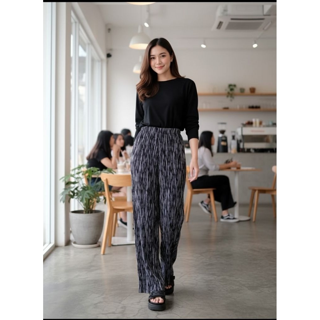 Celana Kulot Plisket Galaxy Highwaist Fashionable, Celana Kulot Plisket Motif, Kulot Wanita Terbaru,