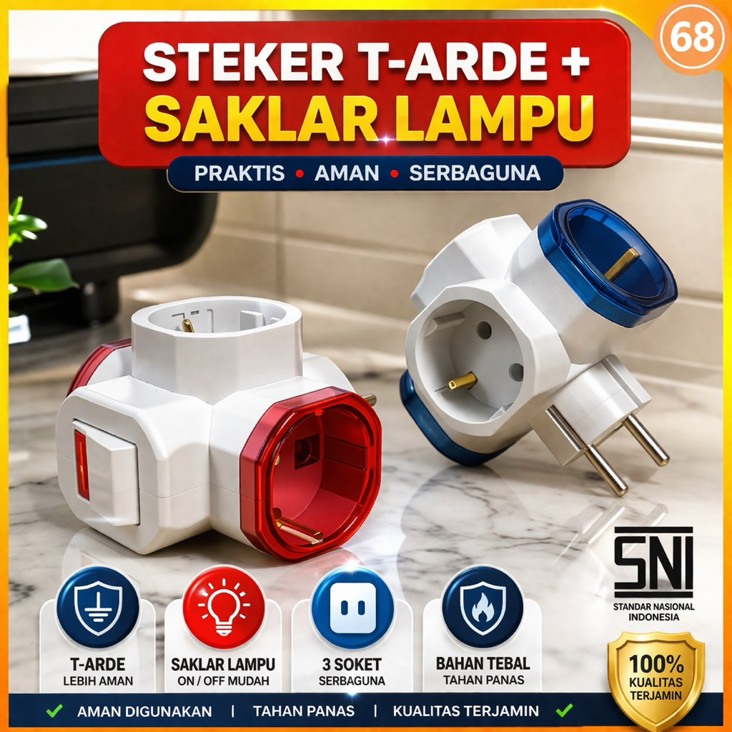 Steker T-Arde 3 Lubang + Switch Saklar On Off / Colokan Cabang 3