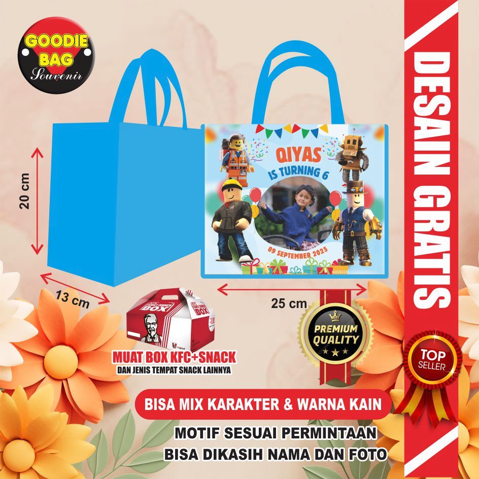 Tas Ulang Tahun Anak Custom Ramah Lingkungan dengan Bahan Spunbond Tebal ROBLOX