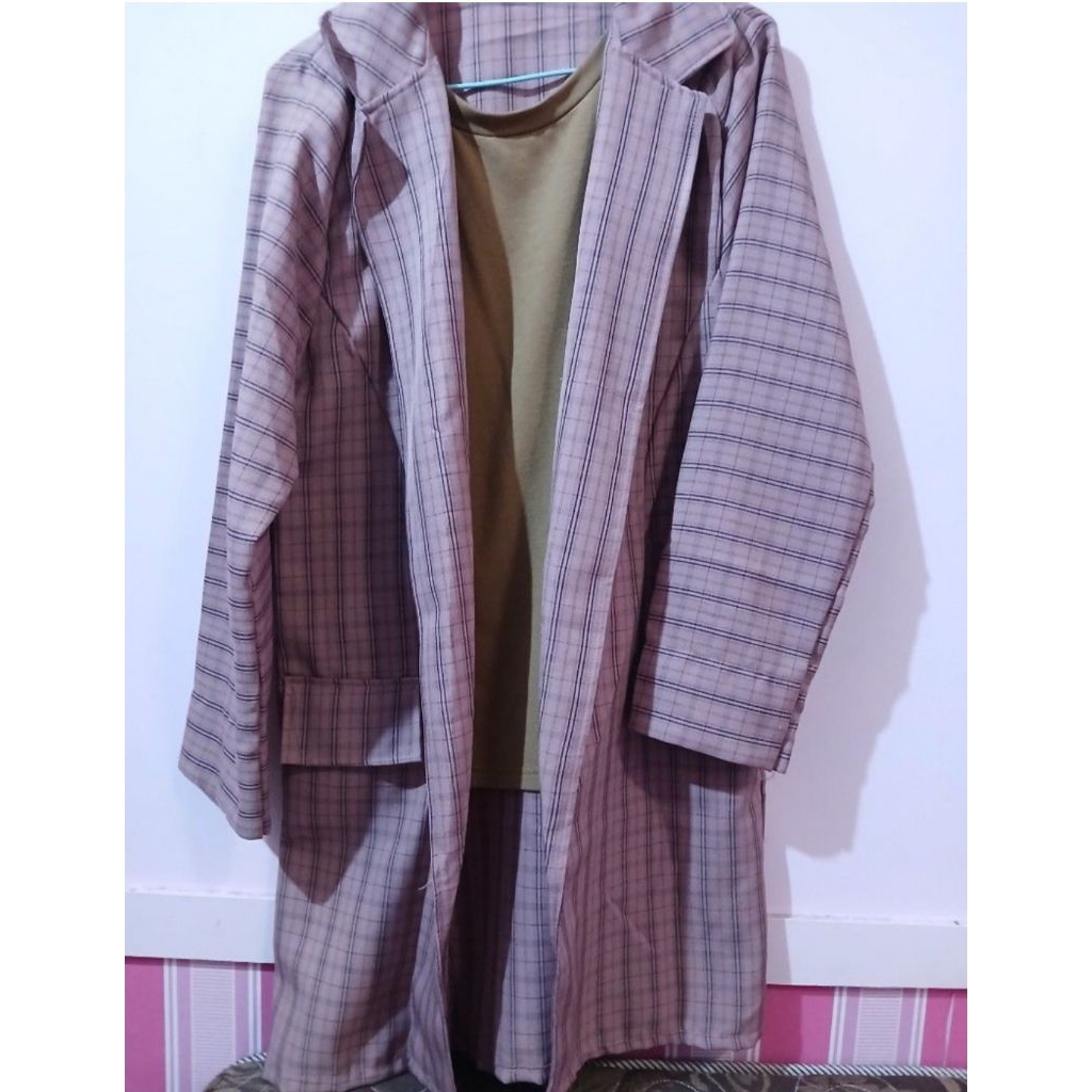 Long Blazer / Duster Coat Tartan Plaid - Pink Brownish Preloved