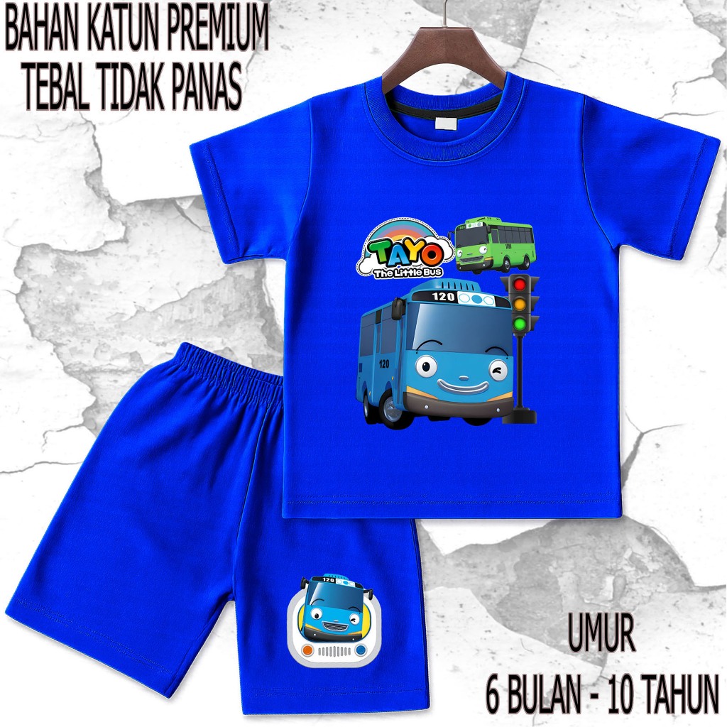 setelan baju anak - anak tayo bus mobil umur/tahun 6 bulan - 10 tahun bahan katun premium sablon DTF