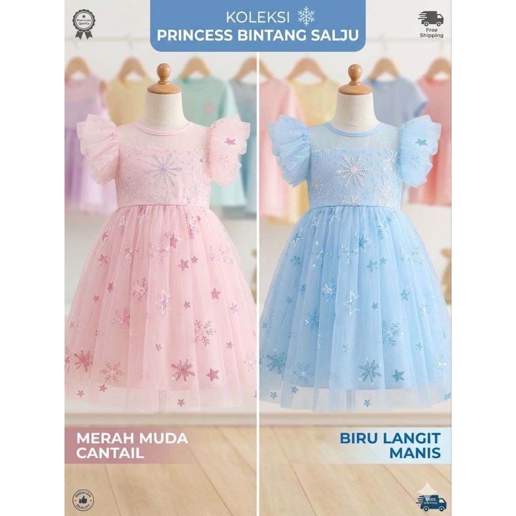 Dress Anak Perempuan Frozen Elsa Pink Glitter Tulle Mutiara Kualitas Impor / Baju Pesta Ulang Tahun 