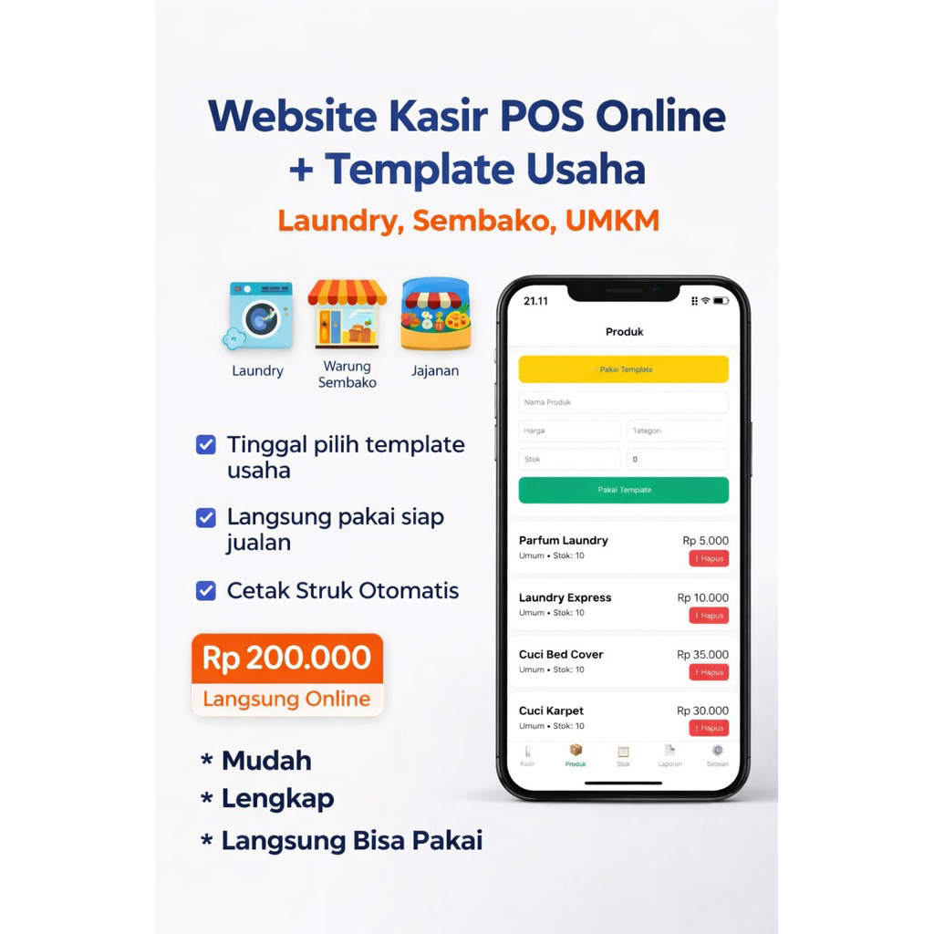 KOMVORI | Website Kasir POS Online + Template Usaha Laundry Sembako UMKM Full Fitur