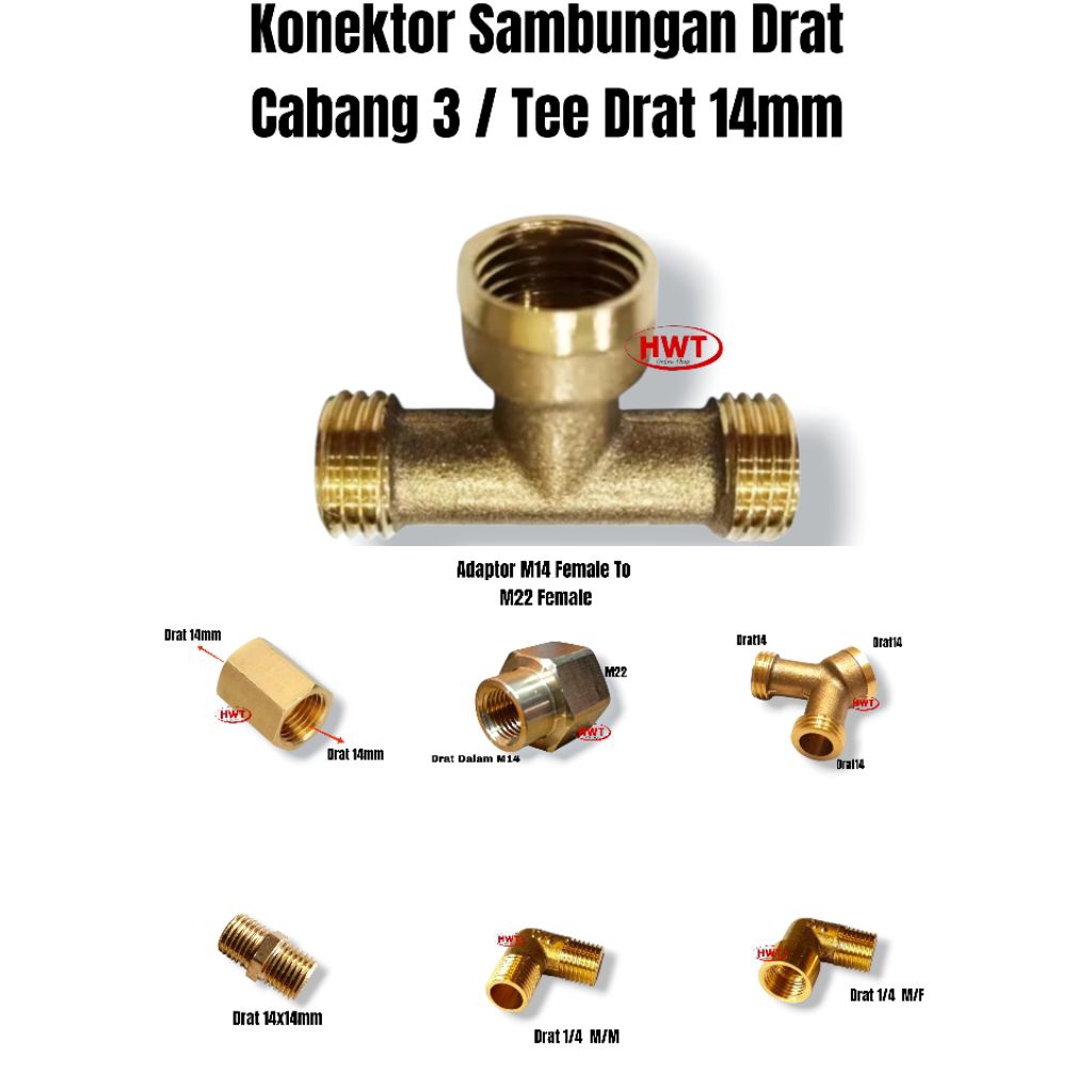Sambungan T Cabang 3 Tee Drat 14mm Sambung Power Sprayer Kompresor Sok Drat 14mm