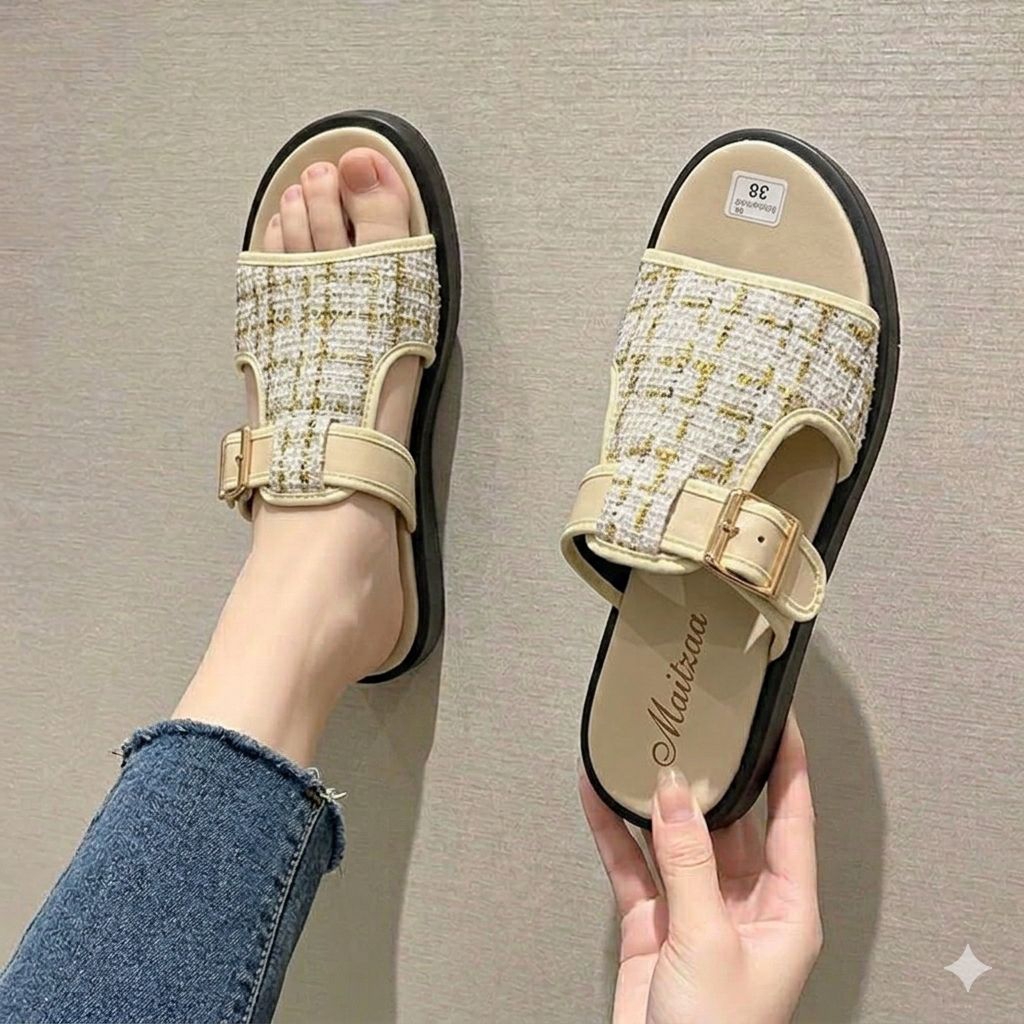 Sandal Platform Wanita Tali Gesper Motif Rajut Trendy Flat Shoes Korean Style Kekinian