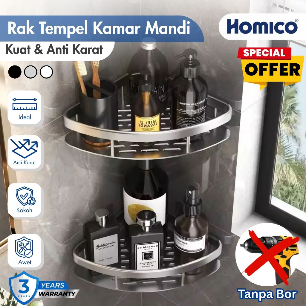 HOMICO Kamar Mandi Hitam Minimalis 3 Lapis Dinding Sudut Untuk Perlengkapan Mandi