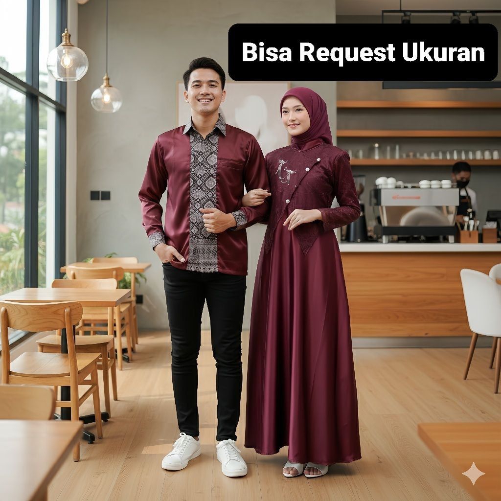 SET SAHARA DRESS BURGUNDY ORI COUPLE KEMEJA KOKO KOMBINASI / CUSTOM ANAK & JUMBO / BAJU SERAGAM BATI