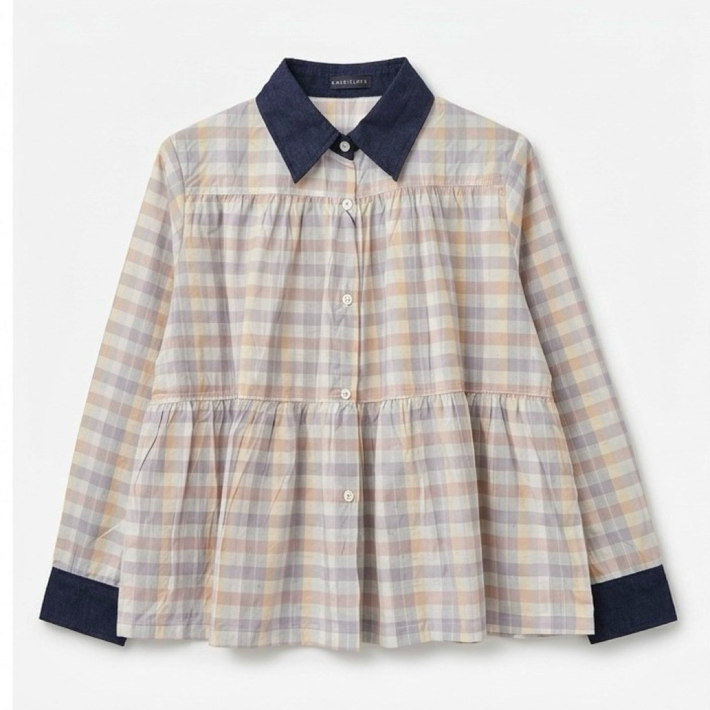 Blouse Baby Doll Kotak Katun Jepang mix Denim - Atasan Tangan Panjang Wanita