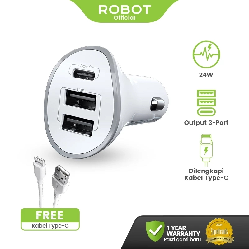 ROBOT Car Charger 3 Port Fast Charging Mobil Type C Micro Adapter Charger Mobil RT-C08 Car Charger C