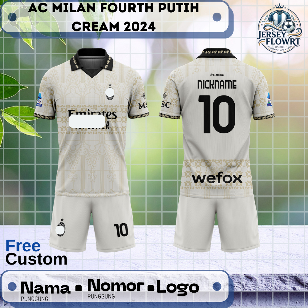 Jersey Sepak Bola Custom AC Milan Fourth Putih Cream 2024 Pendek Free Custom Nama dan Nomor Punggung