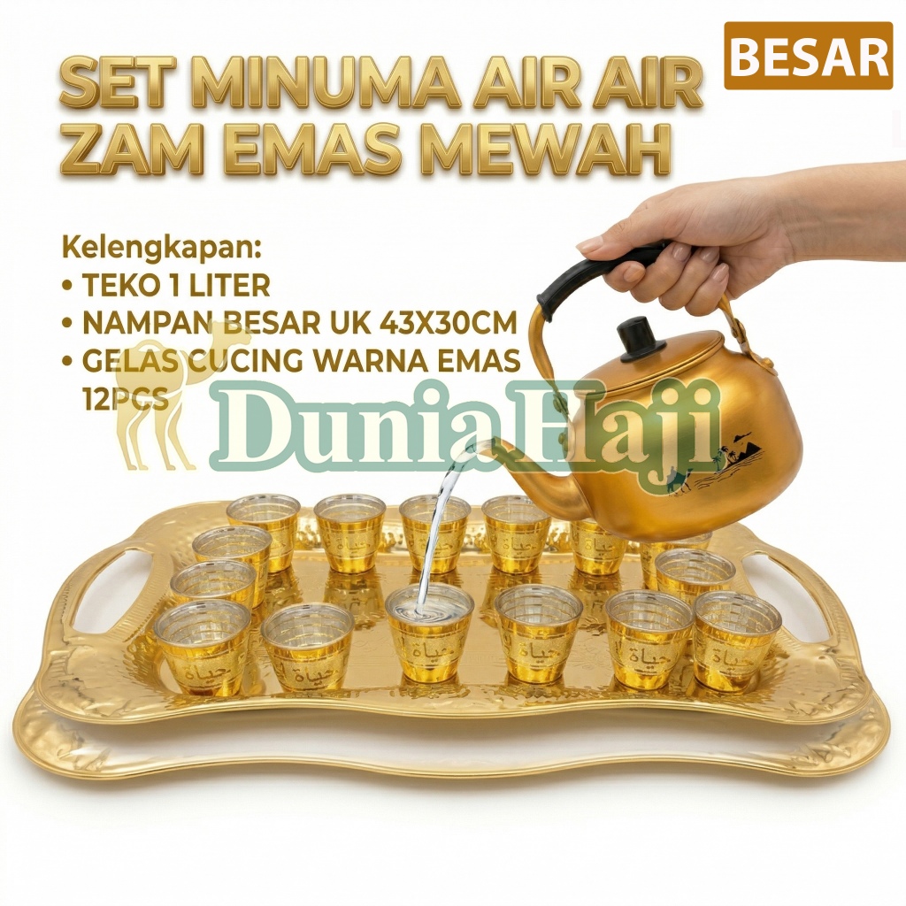 Satu Set Teko Gelas Cucing 12pcs 1Lusin Nampan Arab Warna Emas Stainless Besar Sedang & Kecil Coffe Set Air Zam Zam Oleh Oleh Haji & Umroh