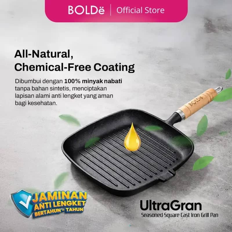BOLDe UltraGran Seasoned Square Cast Iron Grill Pan / Wajan Panggang Cast Iron / Grill Pan Anti Leng