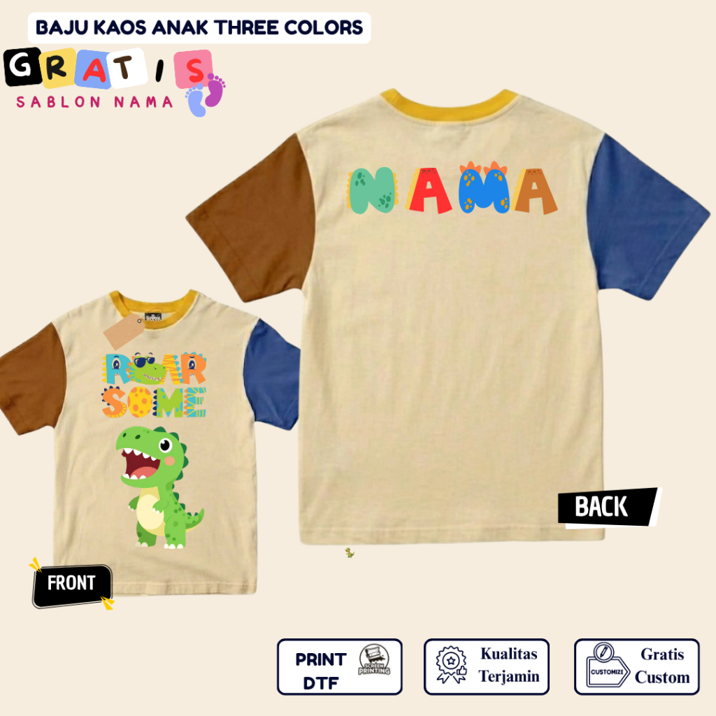 SHABIRA TAS - Kaos Anak Dino Roarsome - Kaos Anak Pendek Three Colors Dino - Kaos Anak Sablon Nama