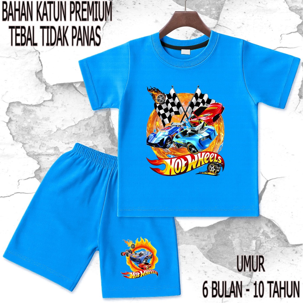 setelan baju anak - anak mobil hotwheel umur/tahun 6 bulan - 10 tahun bahan katun premium sablon DTF