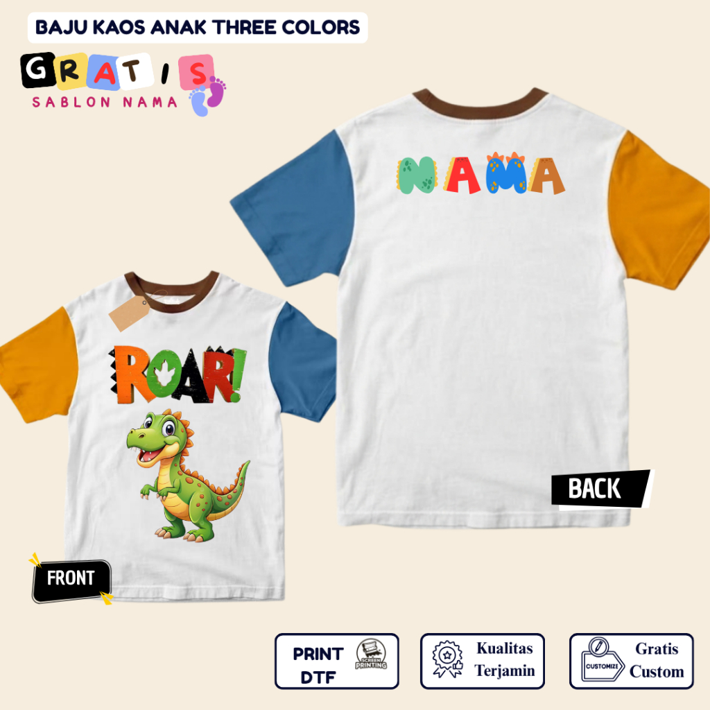 shabira tas  - Kaos Anak Dino Roar  - Kaos Anak Pendek Three Colors Dino - Kaos Anak Sablon Nama