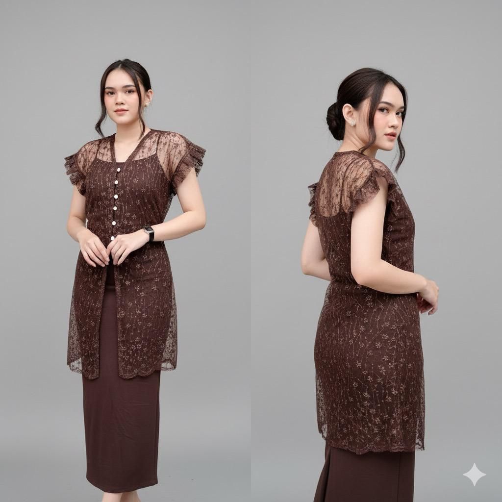 LEYCA OUTER TILE KEBAYA Wanita  dengan Bahan Brukat Tille Premium