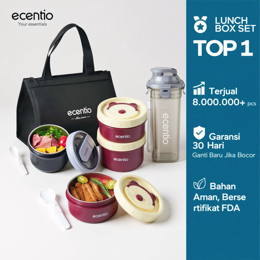 [2.0 BUY 1 GET 6] ecentio lunch box tas set 3pcs merah Kotak Makan anti tumpah 304 Stainless Steel t