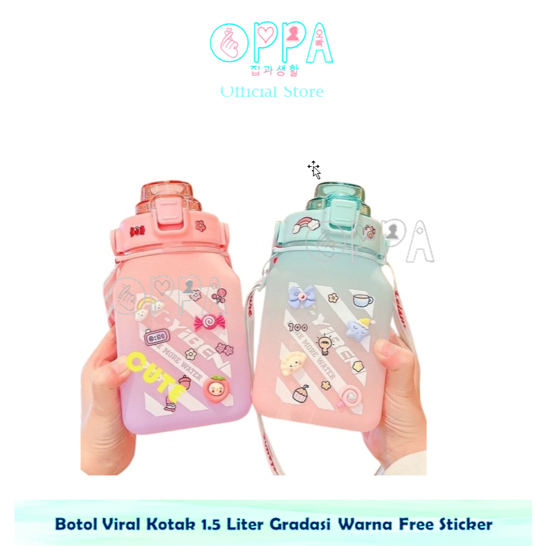 Botol Viral Kotak 1.5 Liter Gradasi Warna Free Sticker 2D & 3D Free Gantungan / Botol Minum Korea