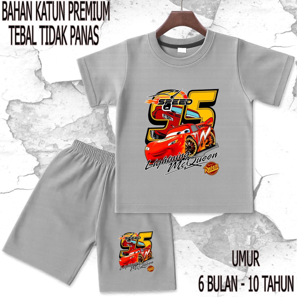 setelan baju anak - anak mobil mcqueen 2 umur/tahun 6 bulan - 10 tahun bahan katun premium sablon DT
